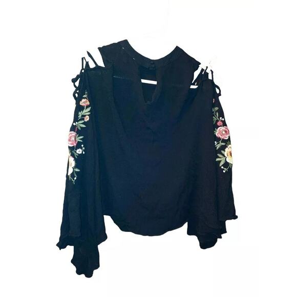 Umgee Small Black Strappy Floral Embroidered Cold Shoulder‎ V-neck Top - Picture 2 of 4